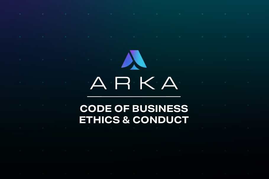 dark background with ARKA logo and code of business ethics and conduct written on top